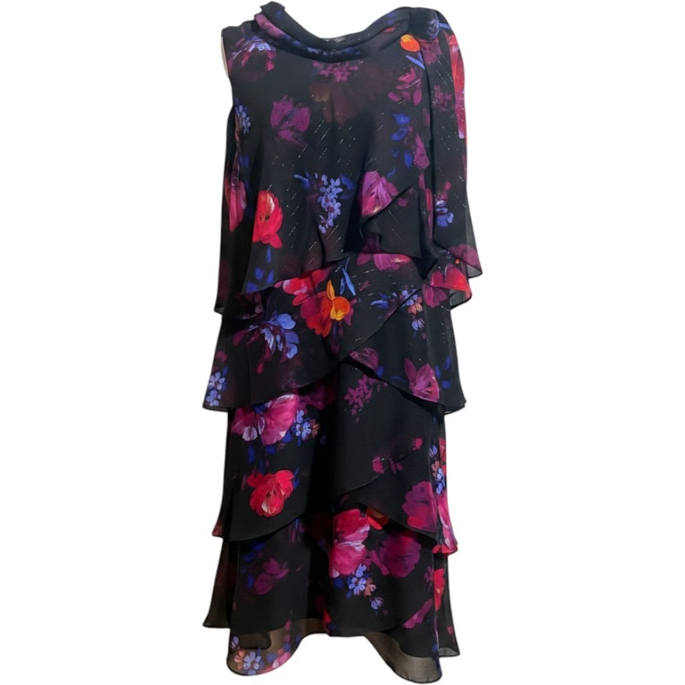 SLNY Tiered Chiffon Dress 16 Black Floral New Tie Cowl Neck Ruffle Shimmer